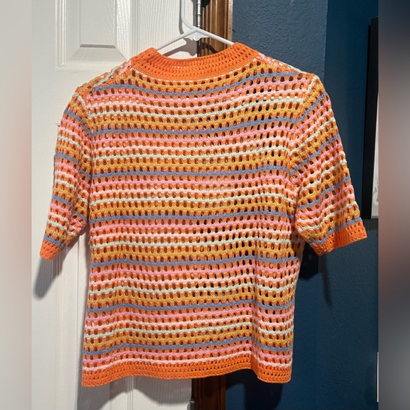 Orange and Pink Stripe Open Weave Short-Sleeve Crew Neck Top - Picture 5 of 5